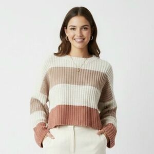 Chunky Cropped Knit Striped Sweater - Cream, Maroon, and Brown